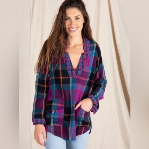 Natural Life Tunic Top Shirt Long Sleeve Colorful Plaid Pockets Boho Size Small - Picture 1 of 10